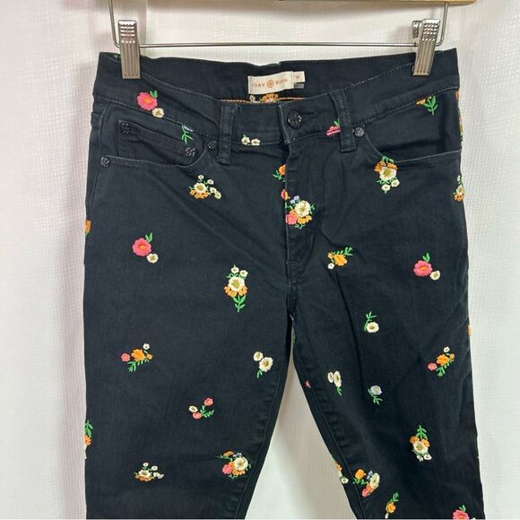 Tory Burch Jeans Womens 25 Brindle Black Floral Embroidered Skinny Ankle Jeans - Picture 2 of 13